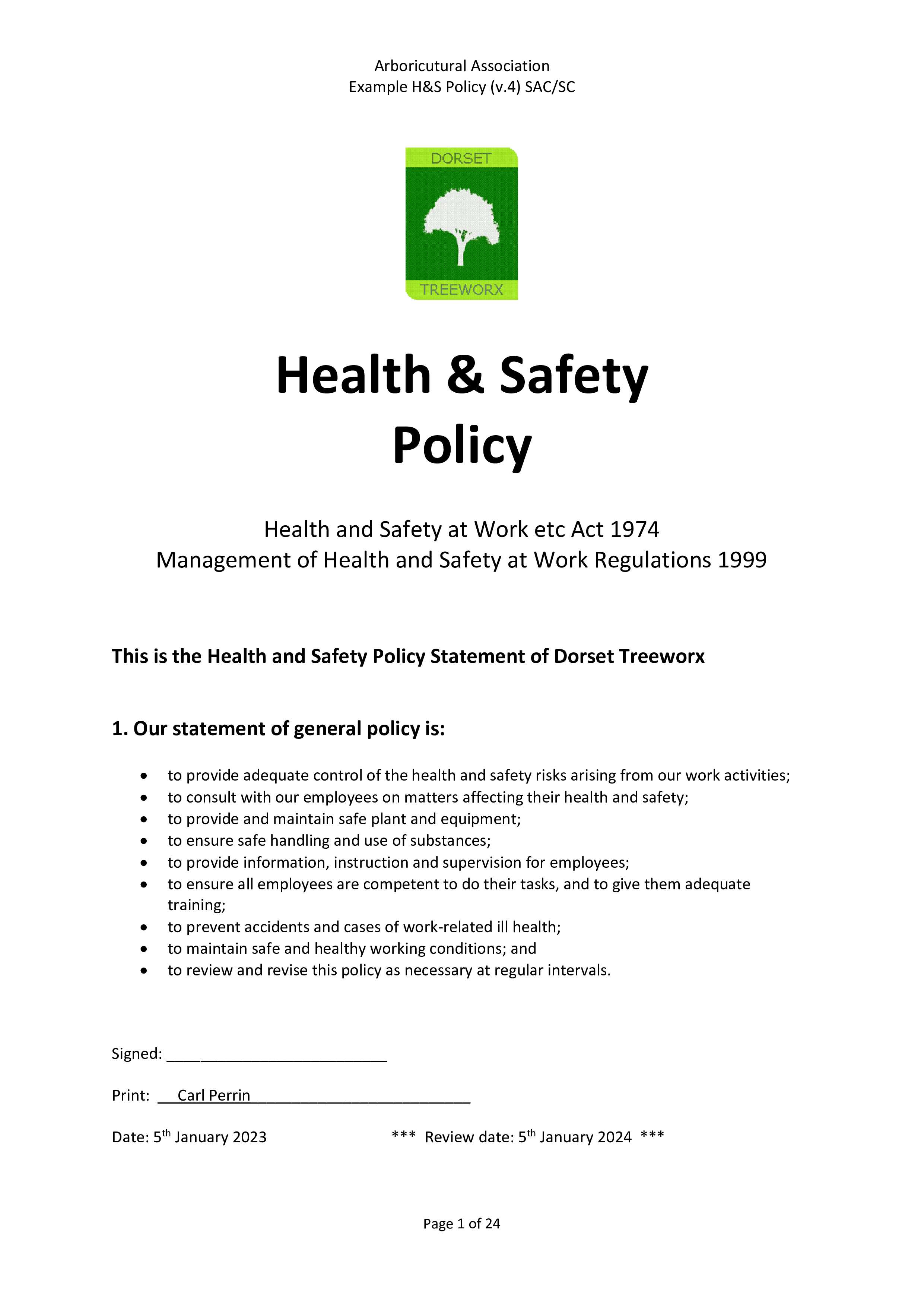 Dorset Treeworx Ltd | Health & Safety Policy - Reducing tree surgery risks in Weymouth, Portland, Dorchester, Dorset by risk assessments, policies and implementing into company daily tasks.