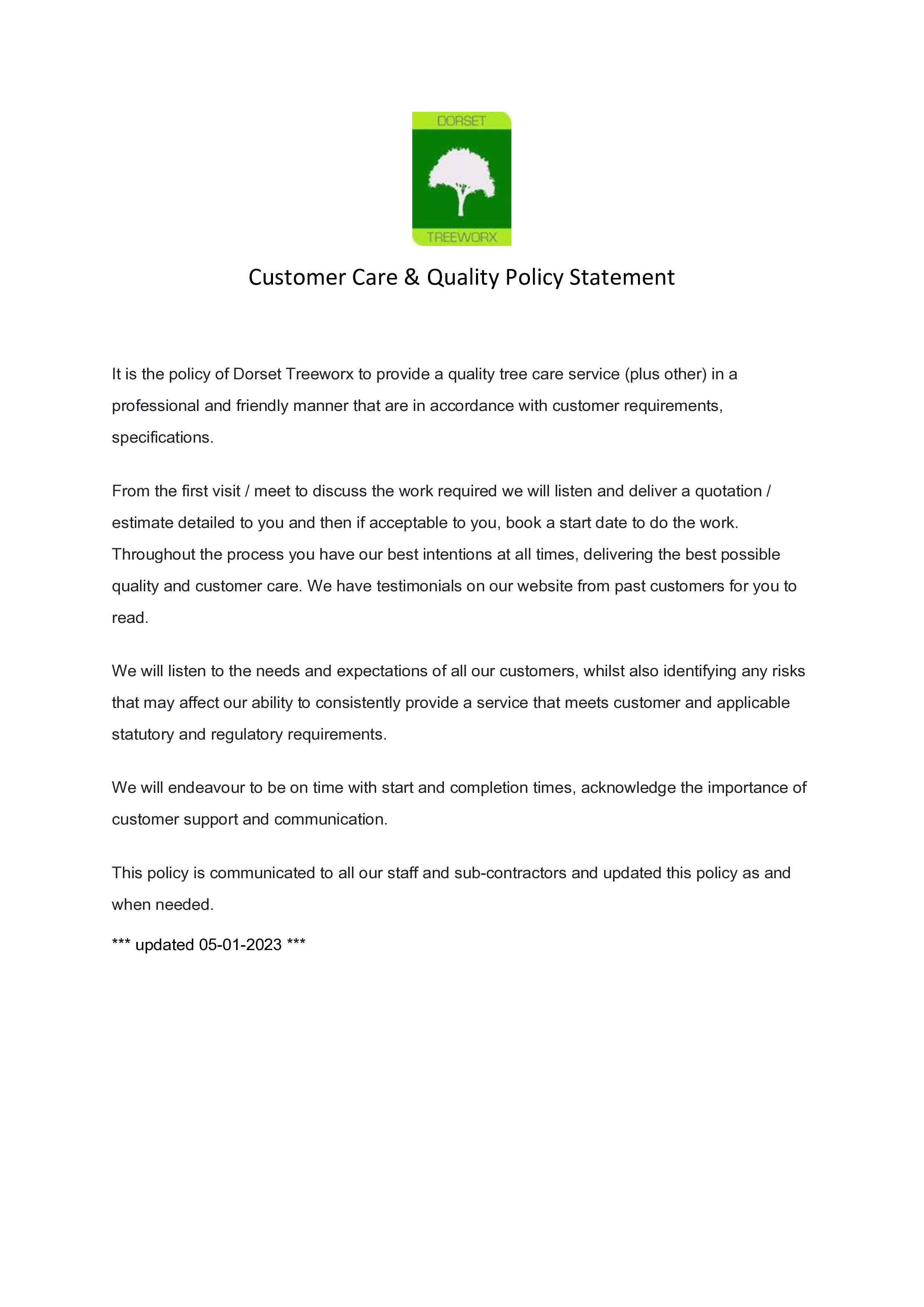 Dorset Treeworx Ltd | Customer Care & Quality Policy - Our tree surgeon team and customers in Weymouth, Dorchester, Portland in Dorset